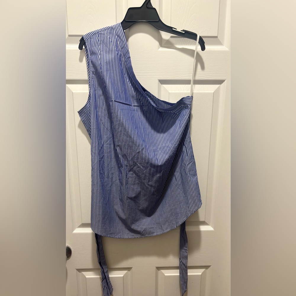 Banana Republic Blue and White Striped One Shoulder Shirt